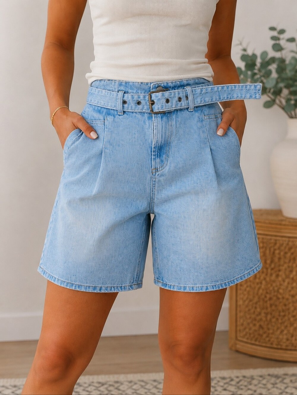 JustFab High Rise Denim‎ Shorts with wide belt